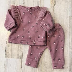 Baby Girls 0/3M Mauve Floral Ruffle Sweatshirt and Pants Set